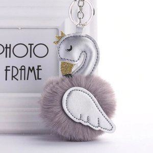 Swan glitter faux fur pom bag charm/key chain ring
